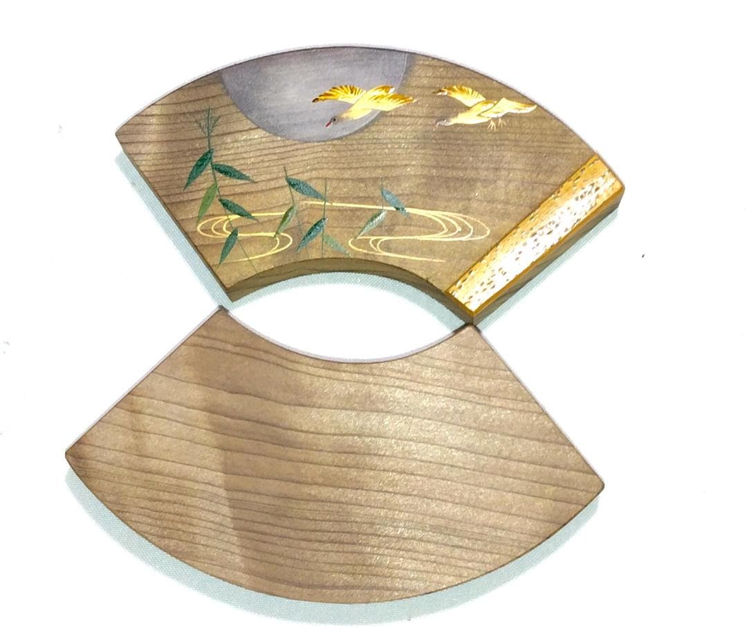 茶道具　加賀山中塗塗師　早見征一作　神代杉二季鳥蒔絵　扇面香合　骨董　美品！！