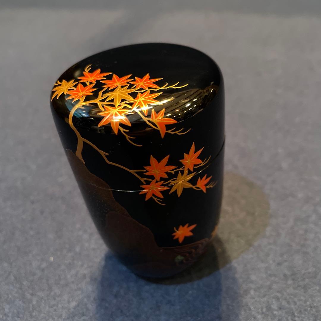 【竹内 幸斎】(造)『紅葉蒔絵の細棗』共箱　※美品 茶道具「棗」