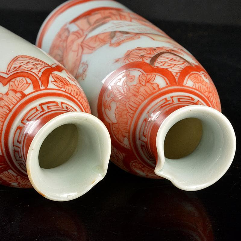 えびいち　赤絵山水人物文　徳利　猪口　一對　時代箱　M　R5942