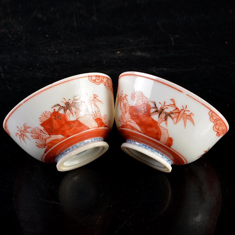 えびいち　赤絵山水人物文　徳利　猪口　一對　時代箱　M　R5942