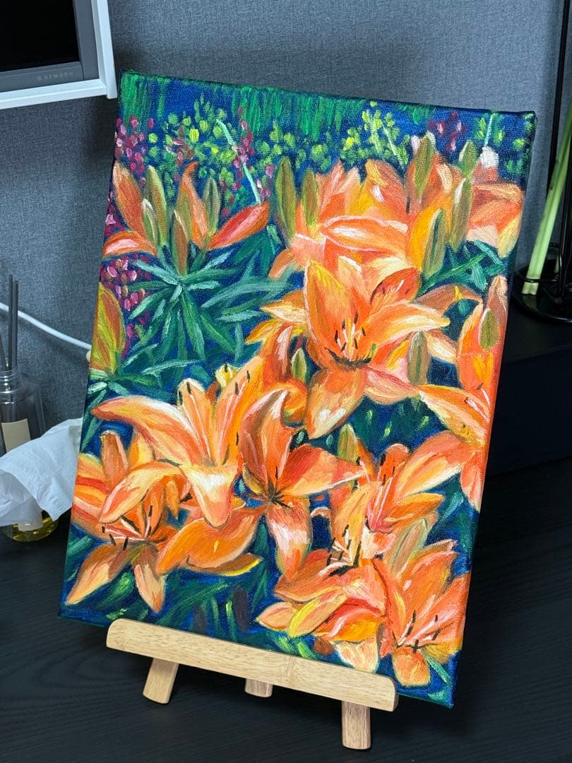 「百合満開」　手描き　油絵　風景画　原画　油彩画　花