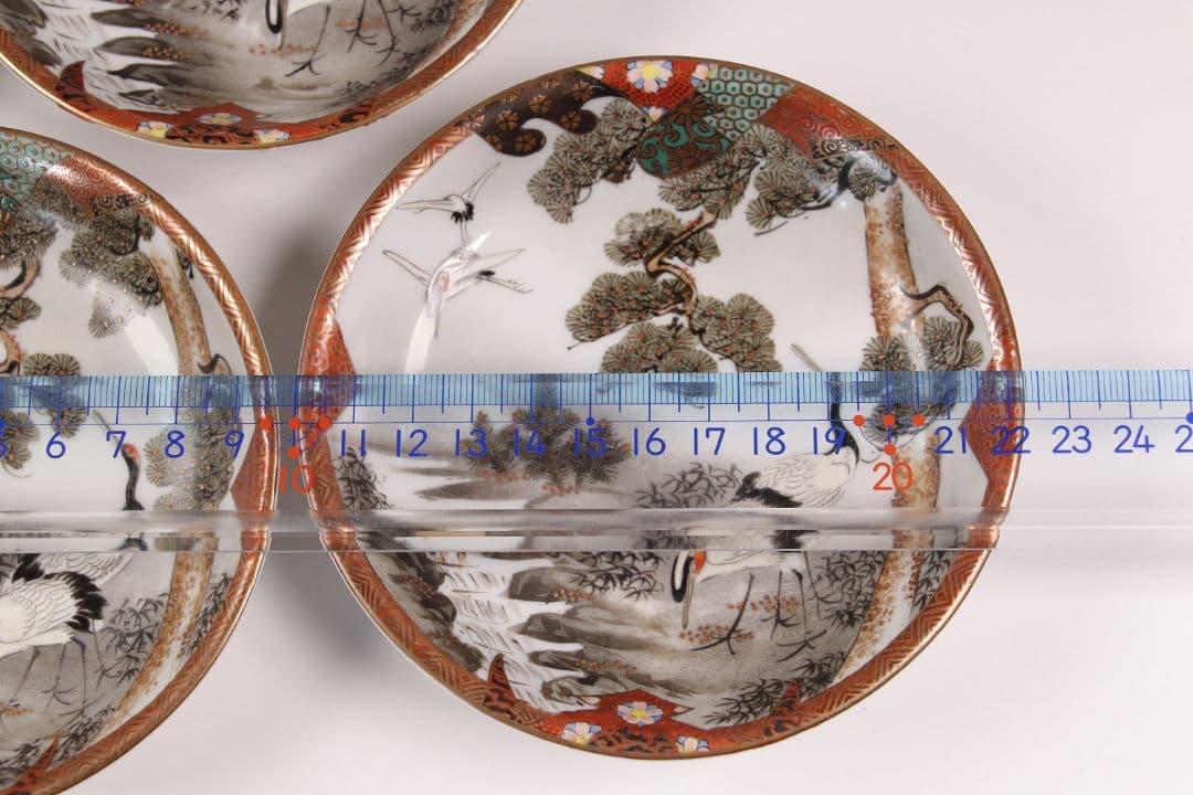 CH85 時代 九谷焼 福栄 金彩色絵 小皿 六客 12.2cm 山水 鶴松