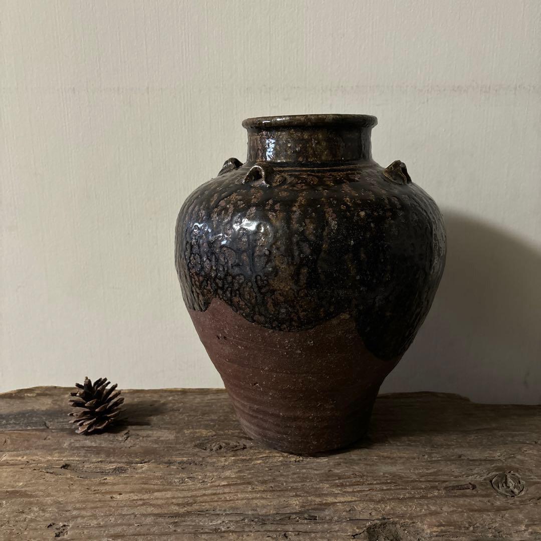 古丹波壷(江戸時代頃) 飴釉葉茶壺　古道具　古備前　古信楽　検:李朝　呂宋壷