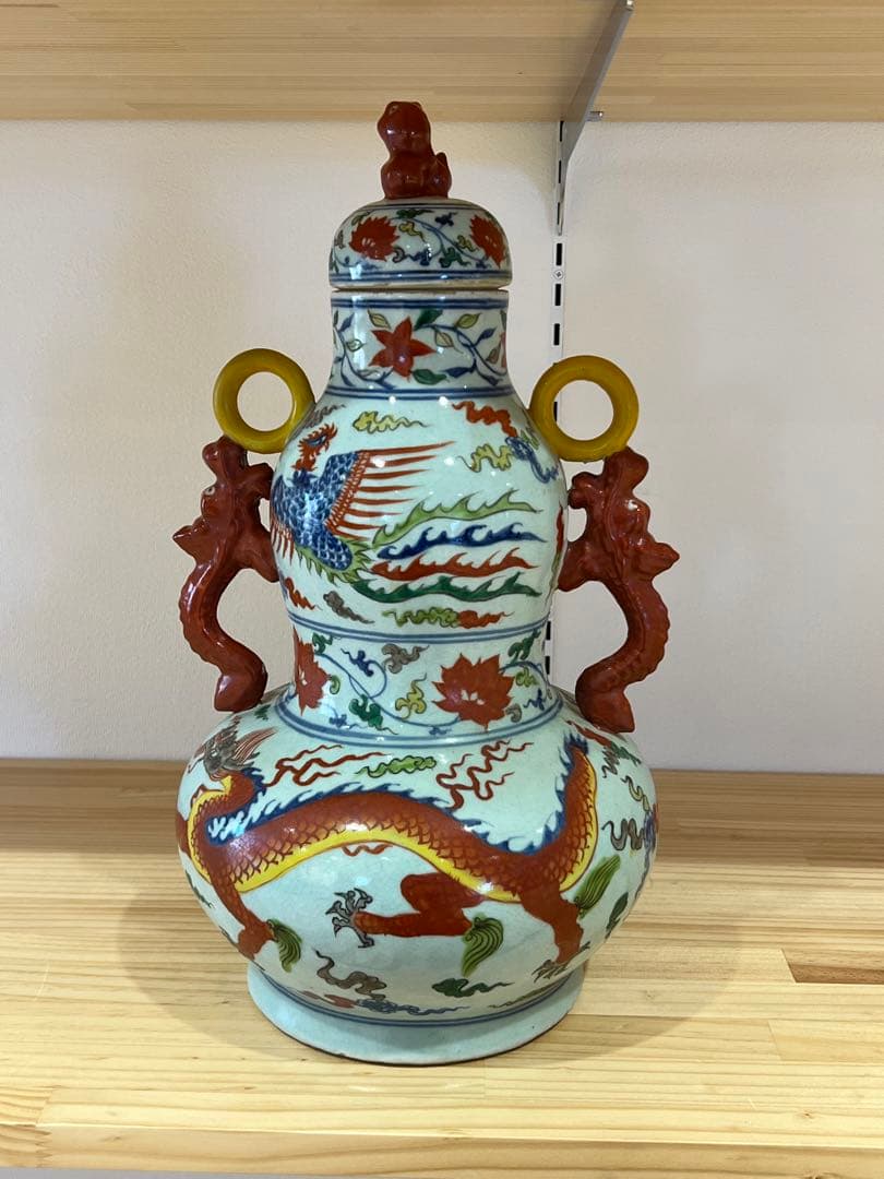 希少品【倉庫整理】古美術　明時代五彩龍鳳文瓢箪蓋瓶【大明宣徳年製】在銘 W-9