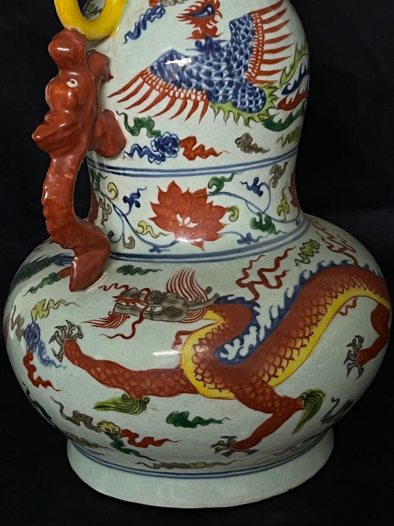 希少品【倉庫整理】古美術　明時代五彩龍鳳文瓢箪蓋瓶【大明宣徳年製】在銘 W-9