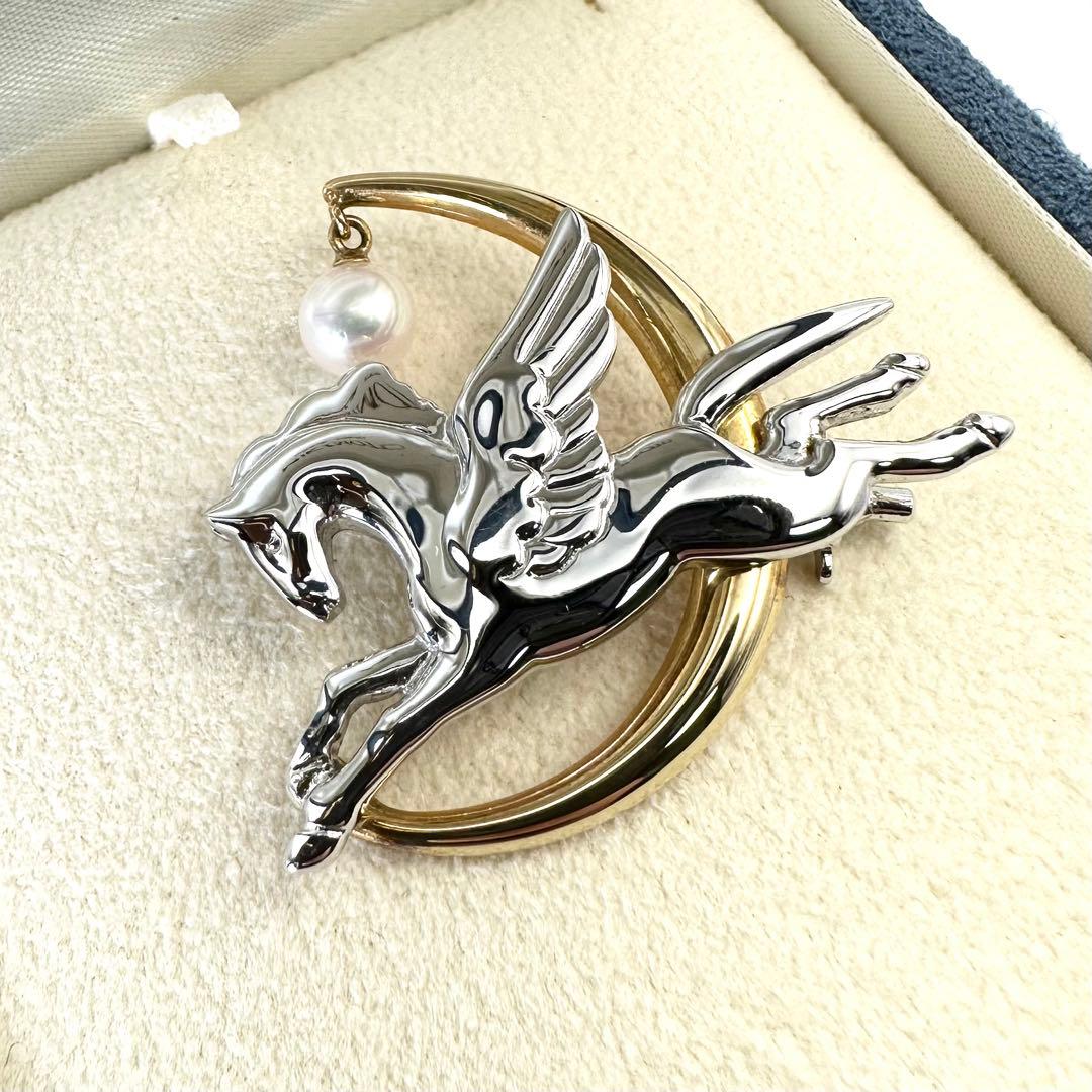 美品ꕥ幸運ꕥミキモト K18×シルバー ペガサス ブローチ アコヤ真珠 ケース付