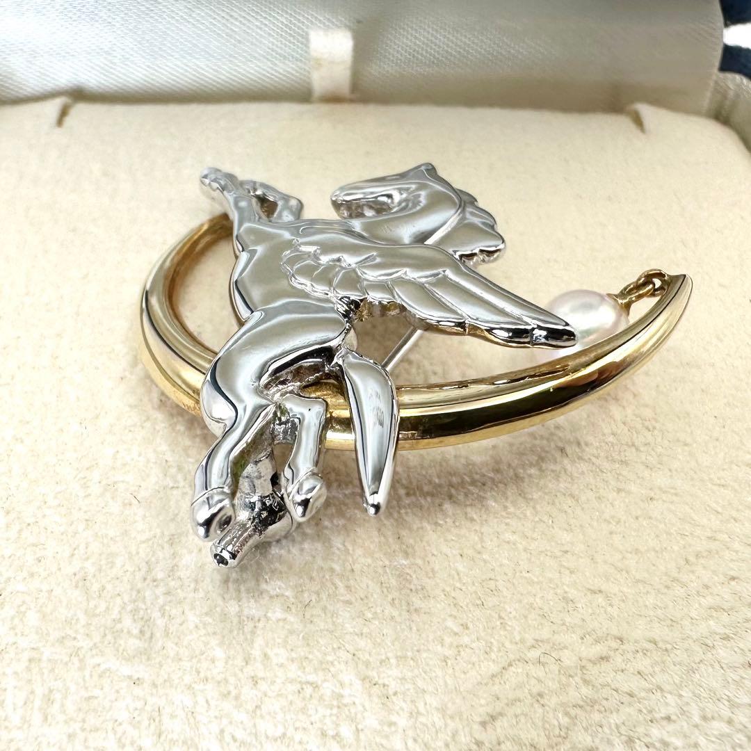 美品ꕥ幸運ꕥミキモト K18×シルバー ペガサス ブローチ アコヤ真珠 ケース付