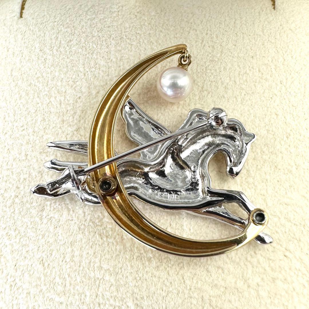 美品ꕥ幸運ꕥミキモト K18×シルバー ペガサス ブローチ アコヤ真珠 ケース付