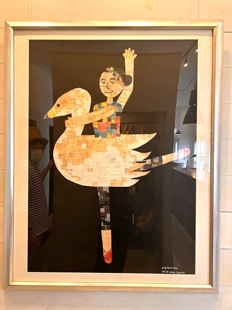 ビッグサイズ　シルバー系額装付きコラージュアート作品#バレリーナ#白鳥とダンサー