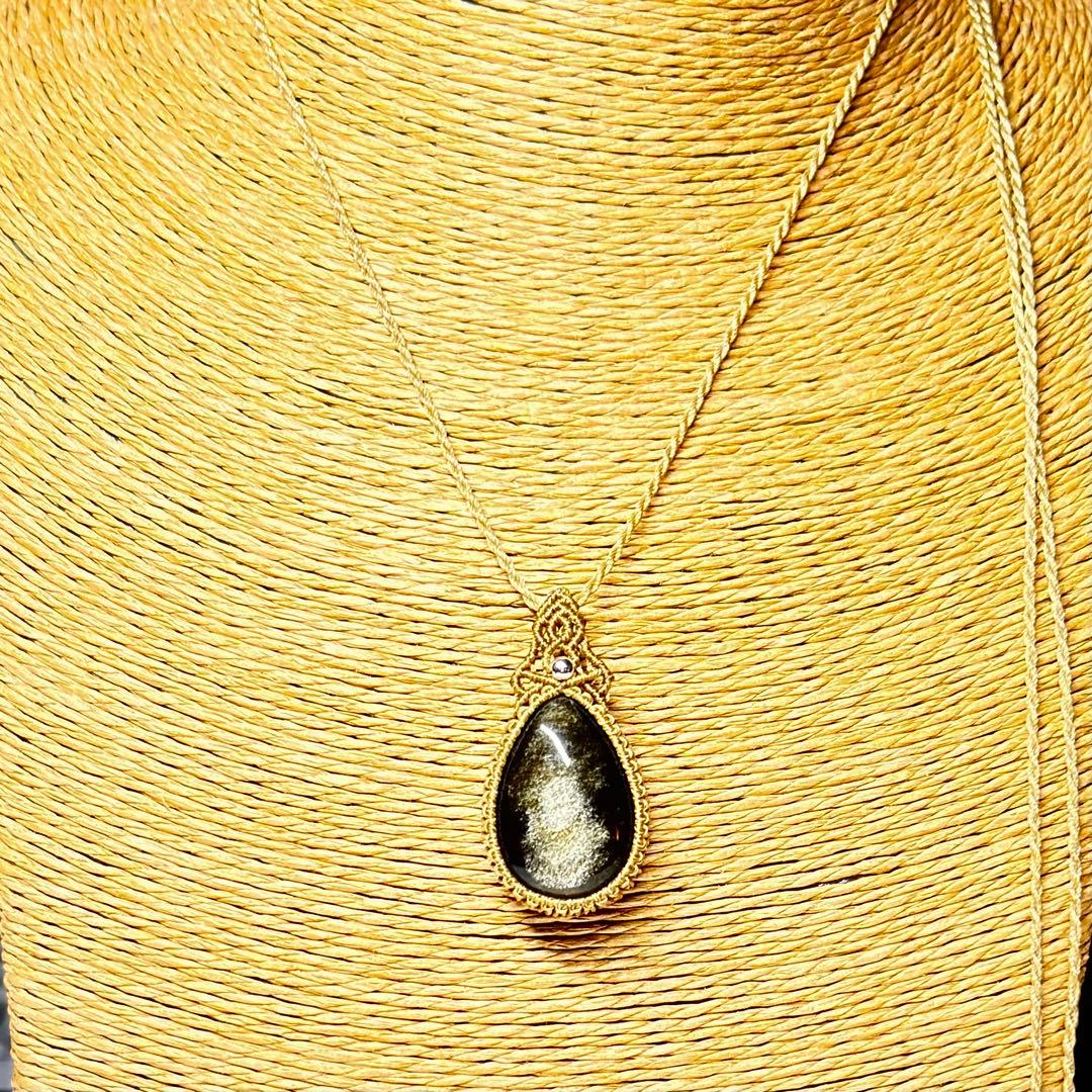 #2096 ♡ゴールドオブシディアン&フロスト水晶天然石♡マクラメネックレス