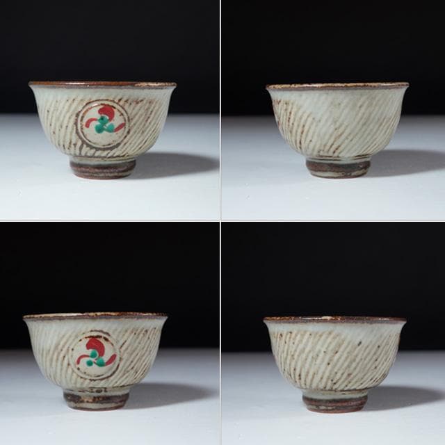 島岡達三　象嵌赤絵草花文ぐい吞　共箱　人間国宝　酒器　鑑賞陶器　民芸　益子焼