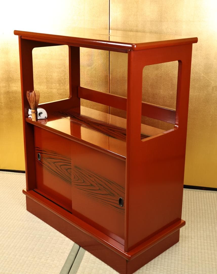 ユリ　時代漆器　松岡漆工　根来塗　朱塗　飾棚　茶棚　煎茶　BK056