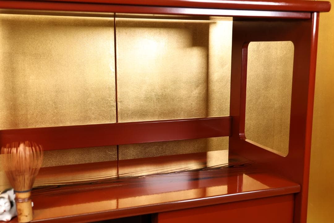 ユリ　時代漆器　松岡漆工　根来塗　朱塗　飾棚　茶棚　煎茶　BK056