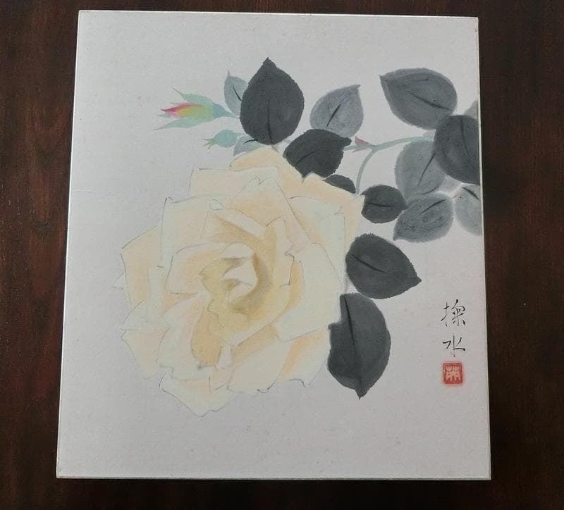 蔵出し品★真作　門井掬水　色紙　日本画　バラ　木製額縁