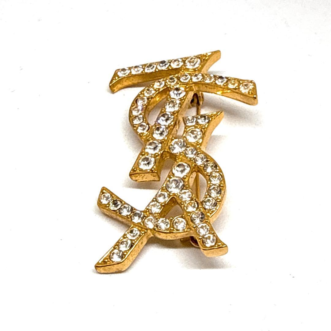 極美品✨ イヴサンローラン ブローチ YSLロゴ ラインストーン ゴールド
