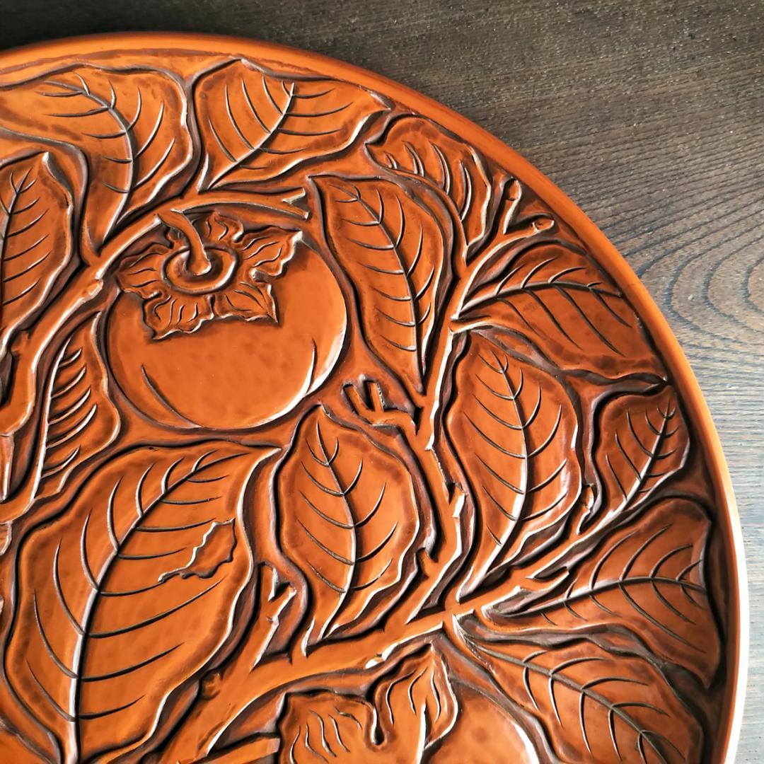 鎌倉彫　博古堂　大型　11寸　35.5㎝　柿モチーフ　丸皿・丸盆