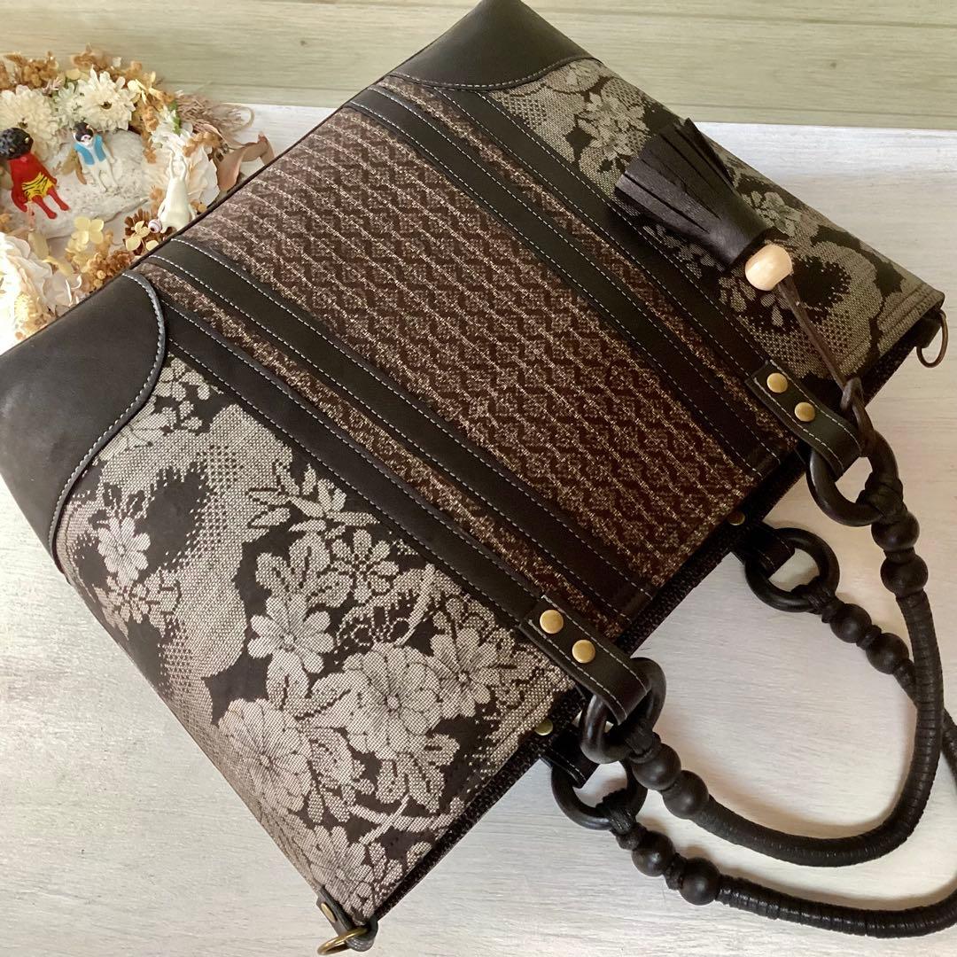 花柄 大島紬×本革 着物リメイク トートバッグ 和装バッグ ハンドメイド A4