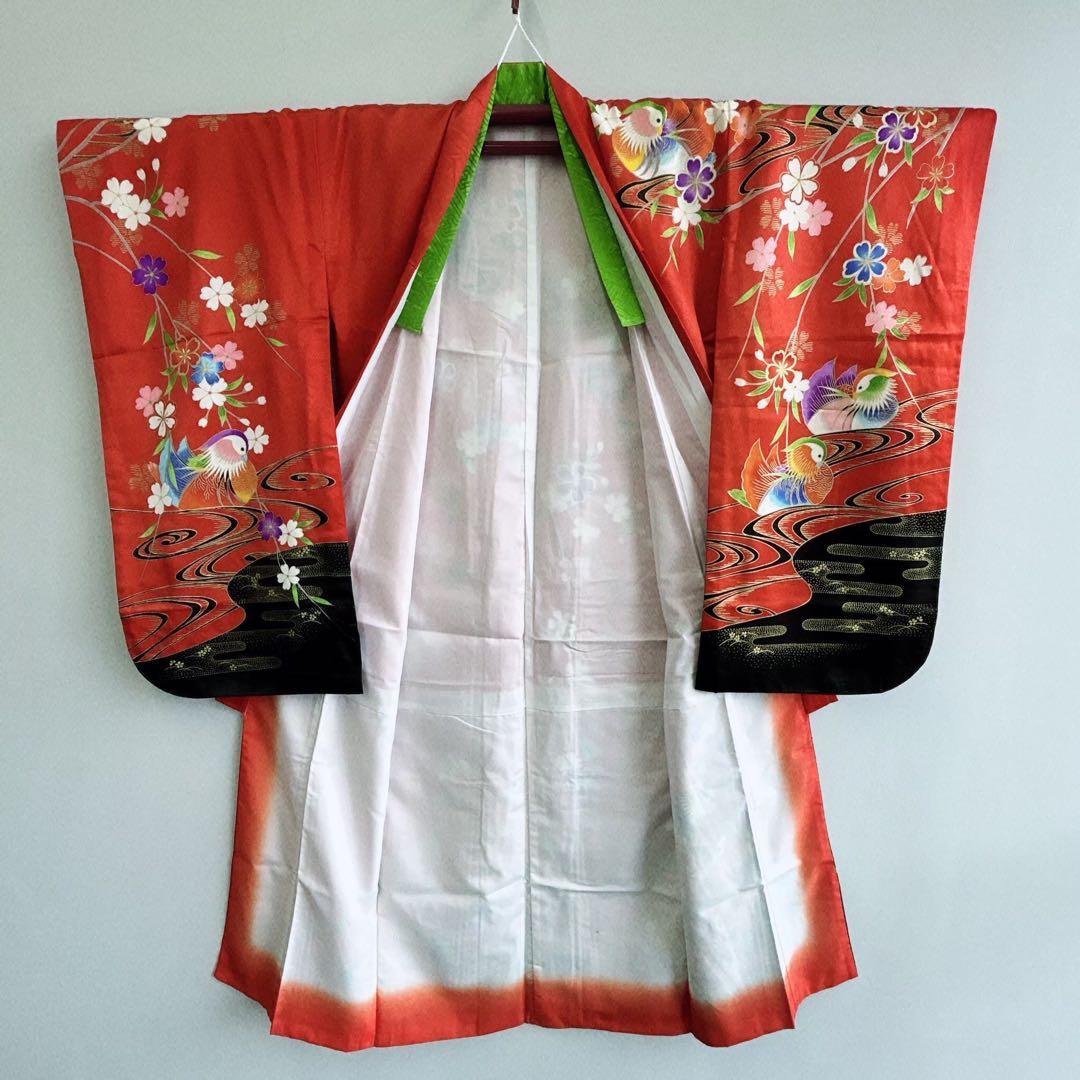 セット七五三 ７歳女の子 長着＆袖なし長襦袢＆帯＆小物　赤×黒　オシドリ　伊達衿