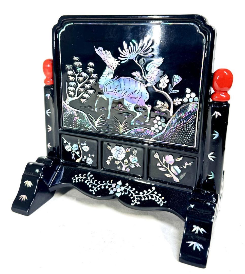 清時代 木製黒漆 青貝螺鈿装飾 山水人物麒麟神獣文 硯屏 衝立 WWWT107