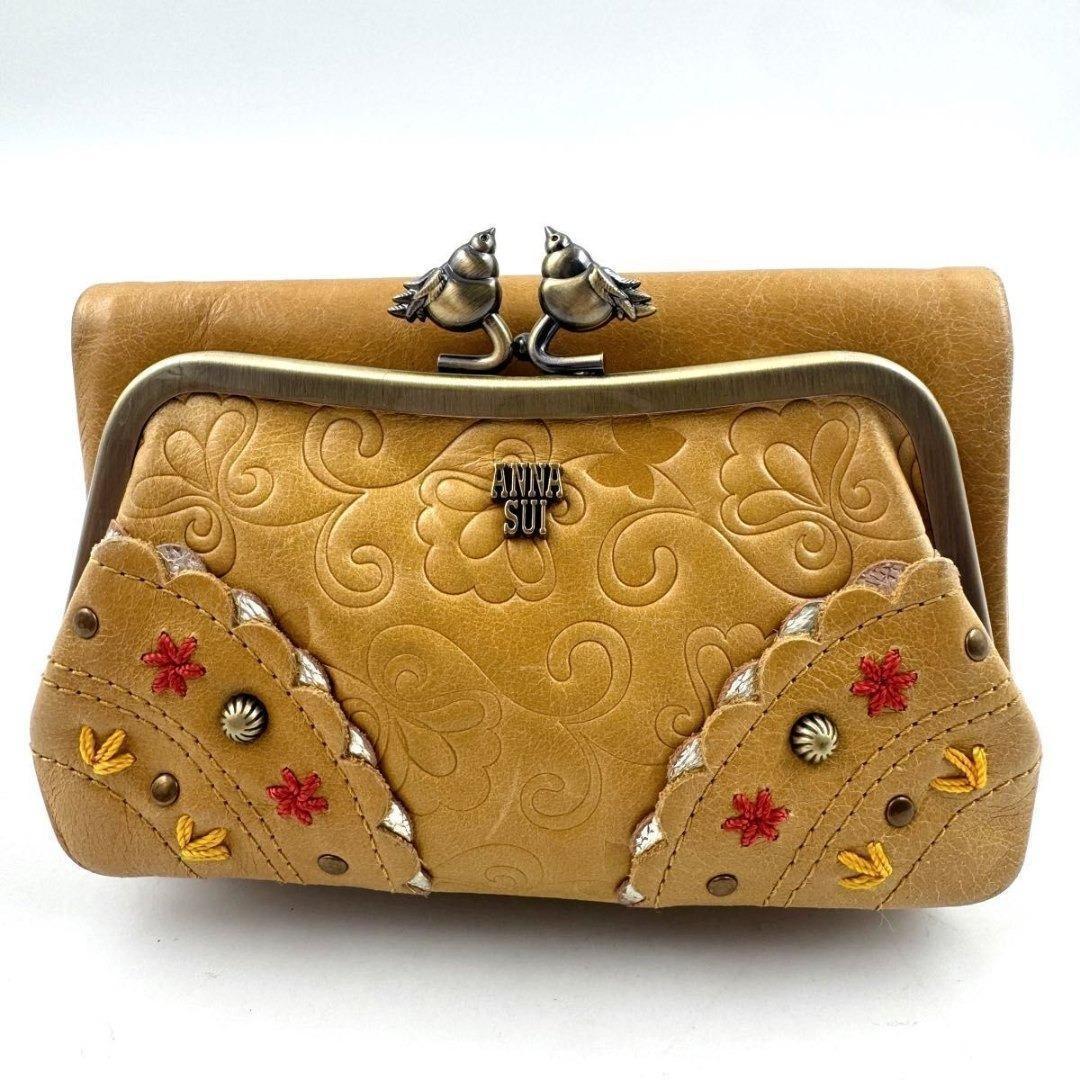 ANNA SUI　リトルバード　がま口　二つ折り財布　ゴールド金具　黄　レザー