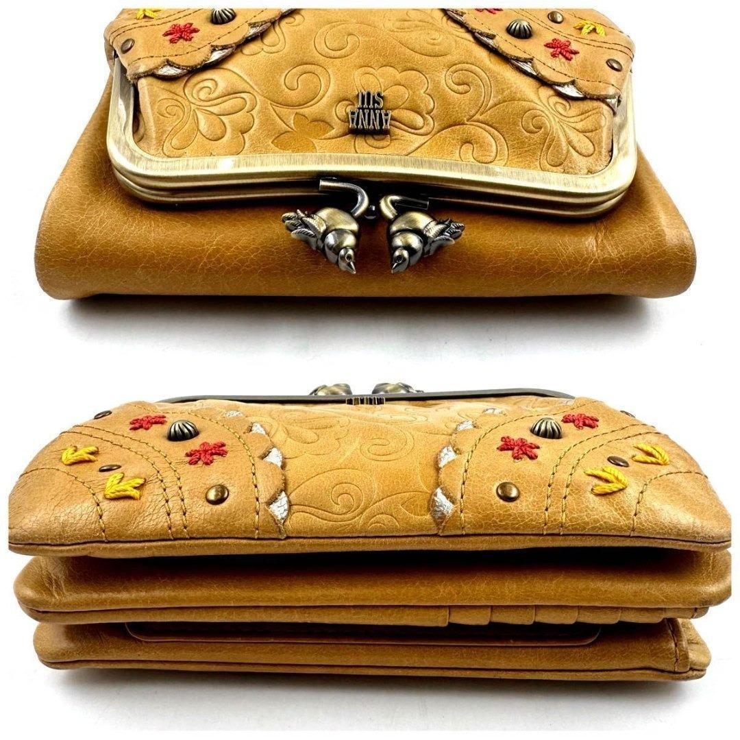 ANNA SUI　リトルバード　がま口　二つ折り財布　ゴールド金具　黄　レザー