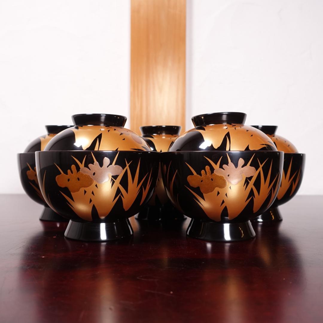 輪島塗 黒塗 あやめ蒔絵 吸物椀 5客 共箱 天然木製漆器