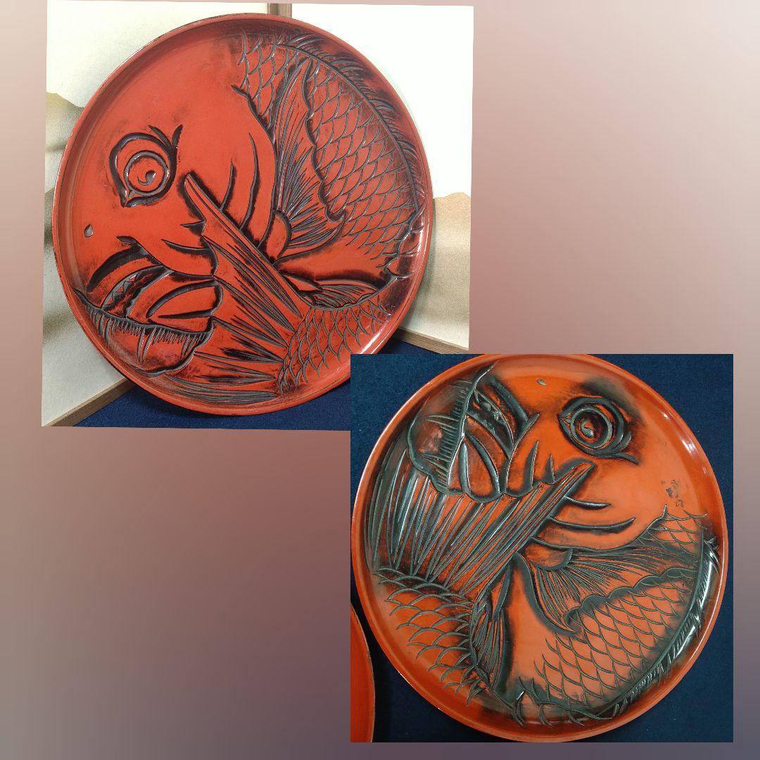 AC81 鯛図 丸盆 一尺五枚 木彫 朱漆盆 煎茶盆 時代 当日物