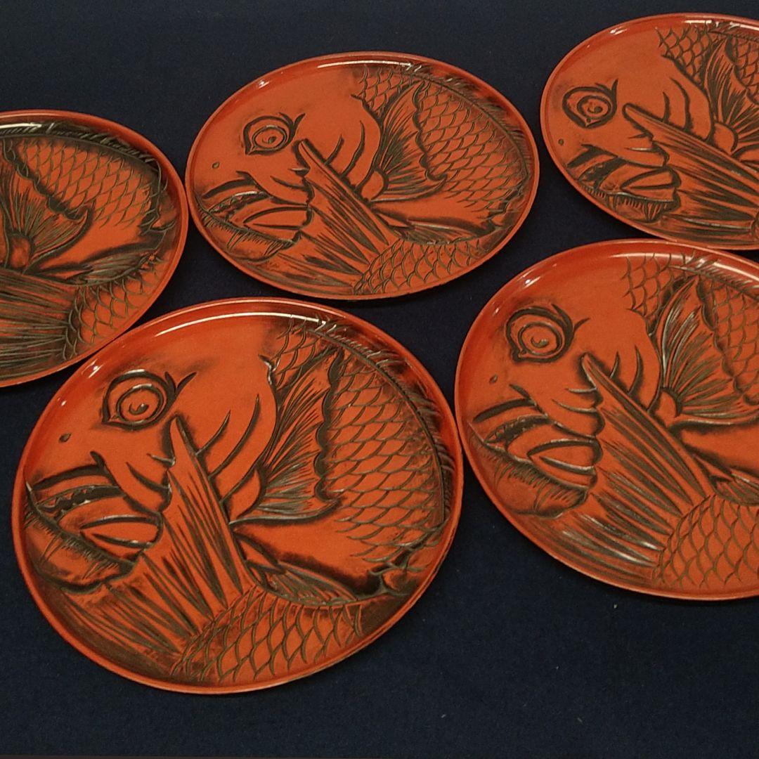 AC81 鯛図 丸盆 一尺五枚 木彫 朱漆盆 煎茶盆 時代 当日物