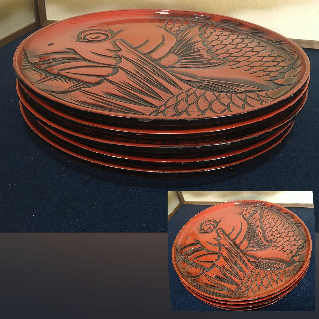 AC81 鯛図 丸盆 一尺五枚 木彫 朱漆盆 煎茶盆 時代 当日物