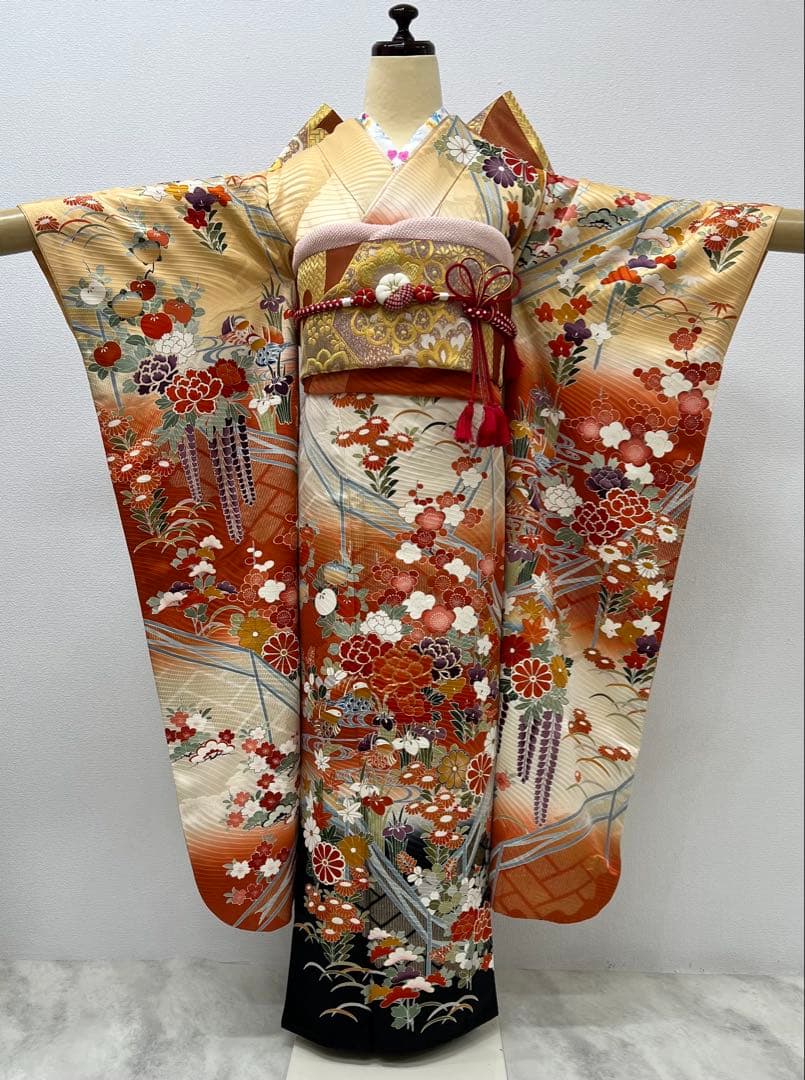 振り袖　フルセット　別誂長襦袢　金彩加工　刺繍入り　振り柄有　川島袋帯　　691