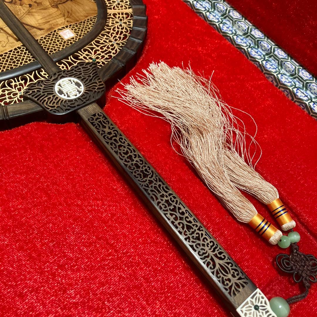 中国美術 唐木造 白檀透彫刻 翡翠 軍配型硯屏 団扇　唐物？