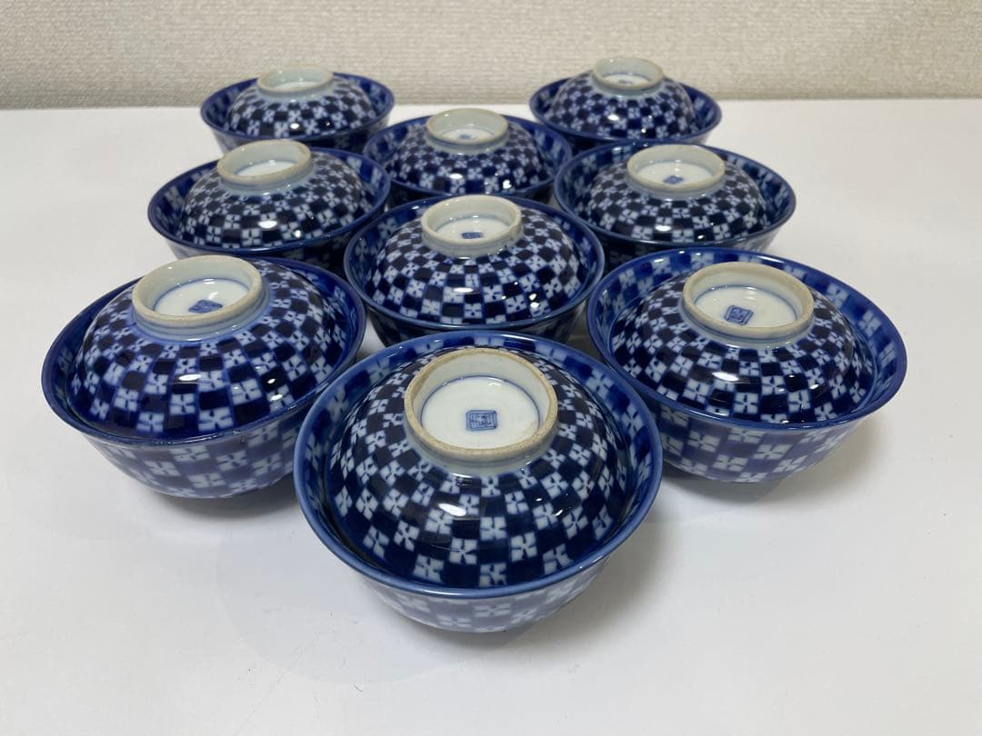 【現状品】古伊万里 青 染付 蓋付飯碗9客 レトロ アンティーク