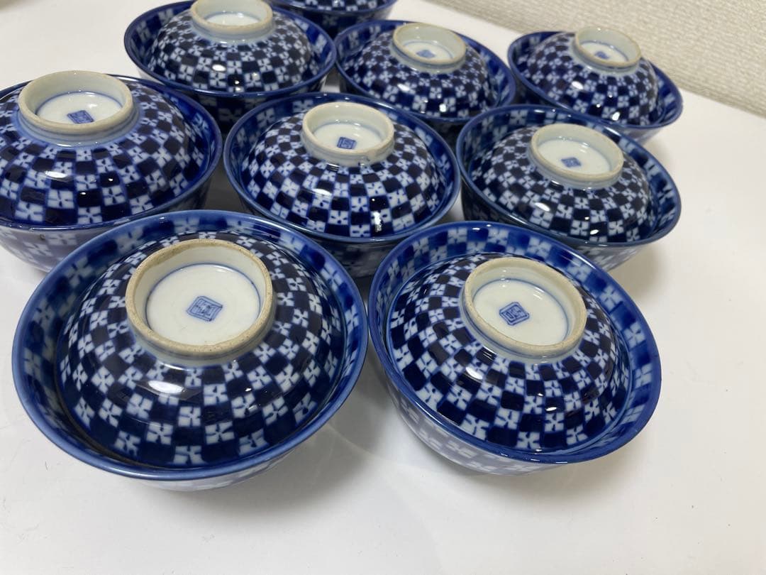 【現状品】古伊万里 青 染付 蓋付飯碗9客 レトロ アンティーク