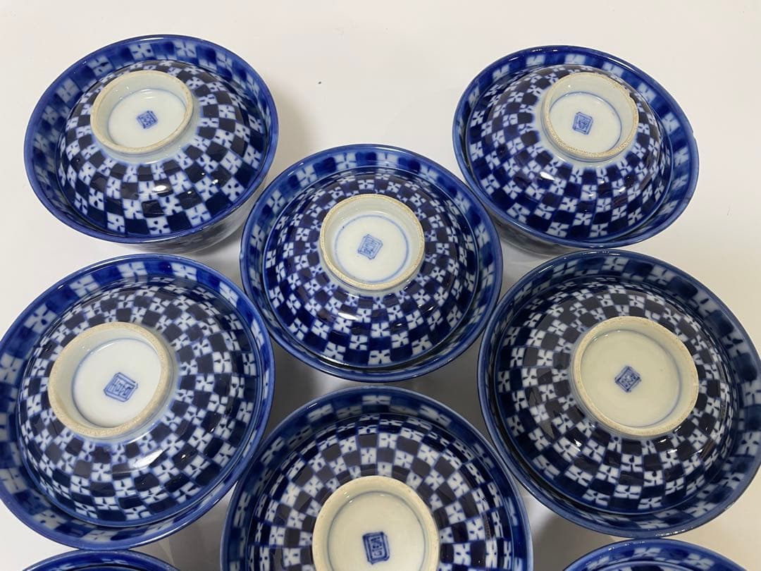 【現状品】古伊万里 青 染付 蓋付飯碗9客 レトロ アンティーク