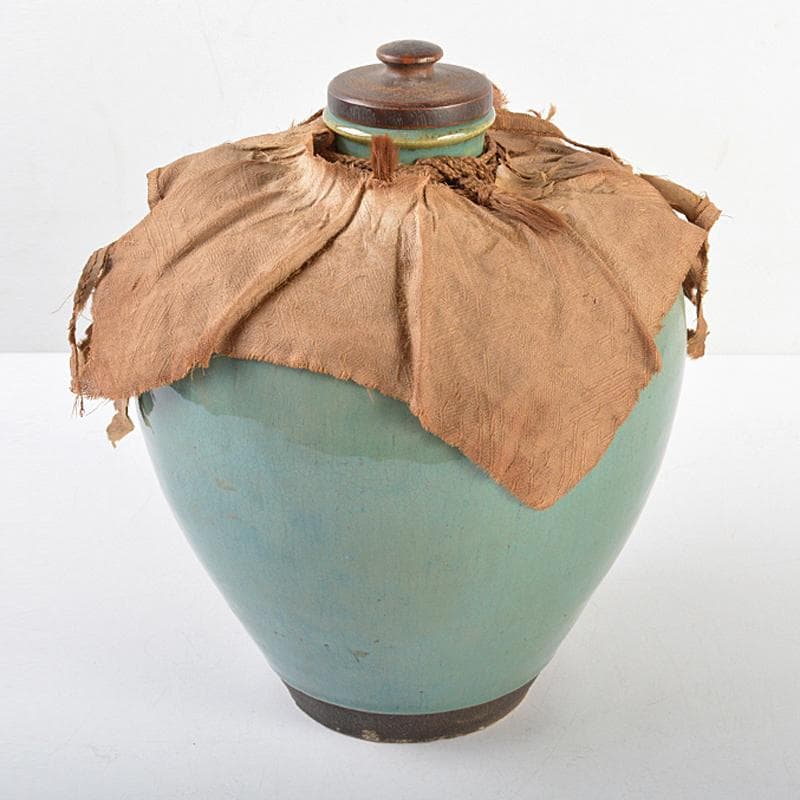 富山県古陶磁器　小杉焼　青磁　四耳壷　唐木蓋付　C　R5629