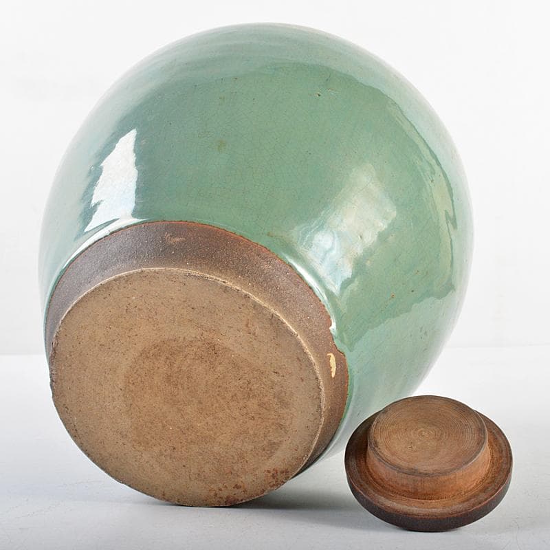 富山県古陶磁器　小杉焼　青磁　四耳壷　唐木蓋付　C　R5629