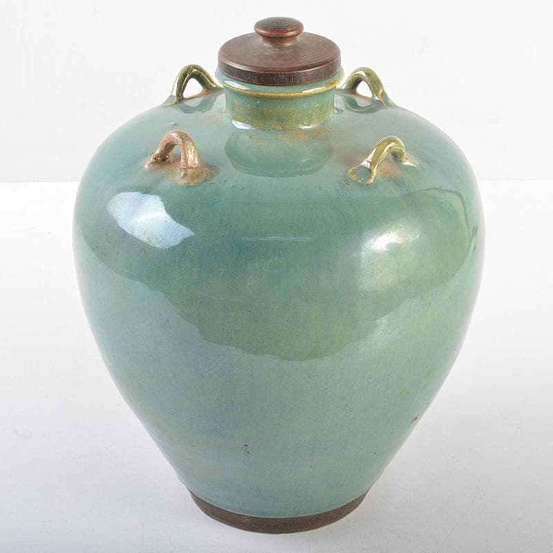 富山県古陶磁器　小杉焼　青磁　四耳壷　唐木蓋付　C　R5629