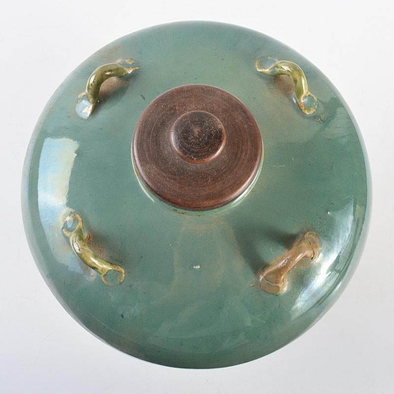 富山県古陶磁器　小杉焼　青磁　四耳壷　唐木蓋付　C　R5629