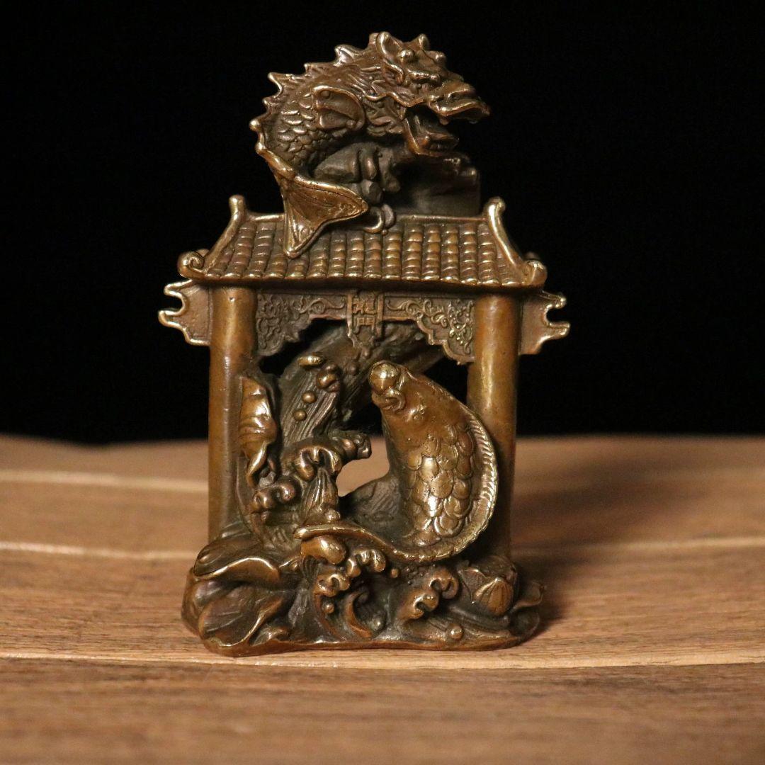銅器 鯉躍龍門 客間 茶台 机 事務室 風水開運 装飾品 工芸品 置物