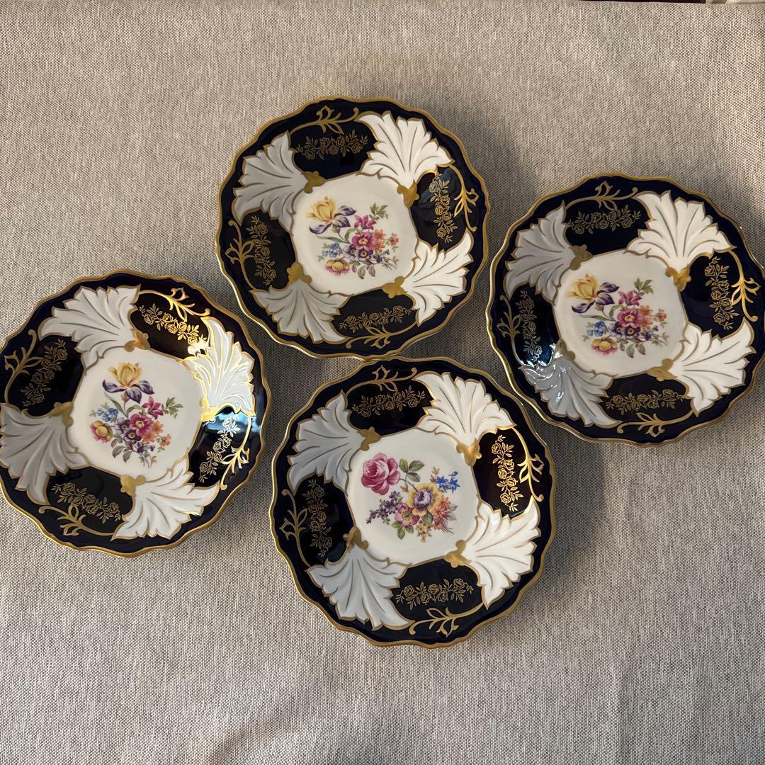 ワイマール　WEIMAR 金彩コバルトブルー フラワー　プレート4枚セット