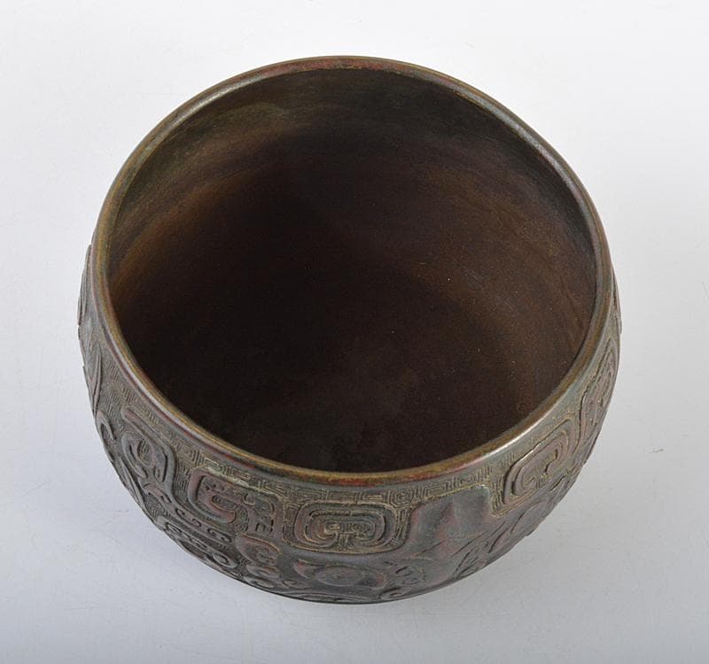 中国　古銅宣徳銅　斑紫銅饕餮文　建水　茶こぼし　時代箱　D　R4620