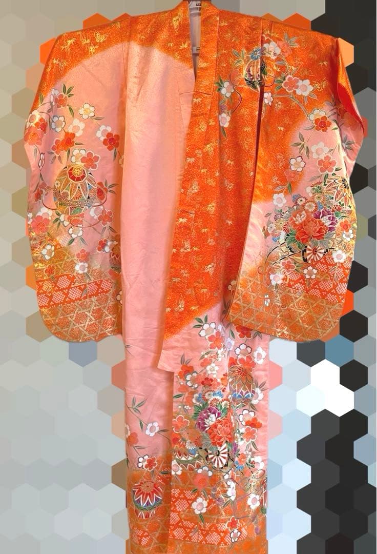 七五三 セット7歳 女の子 手毬 梅 オレンジ系 ピンク 花御所車 金プリント