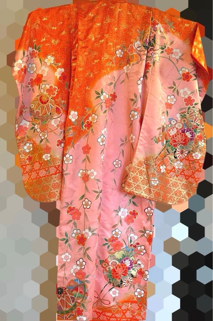 七五三 セット7歳 女の子 手毬 梅 オレンジ系 ピンク 花御所車 金プリント