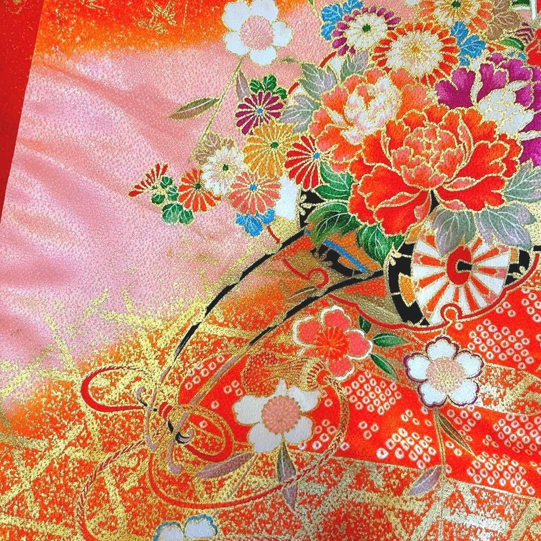 七五三 セット7歳 女の子 手毬 梅 オレンジ系 ピンク 花御所車 金プリント