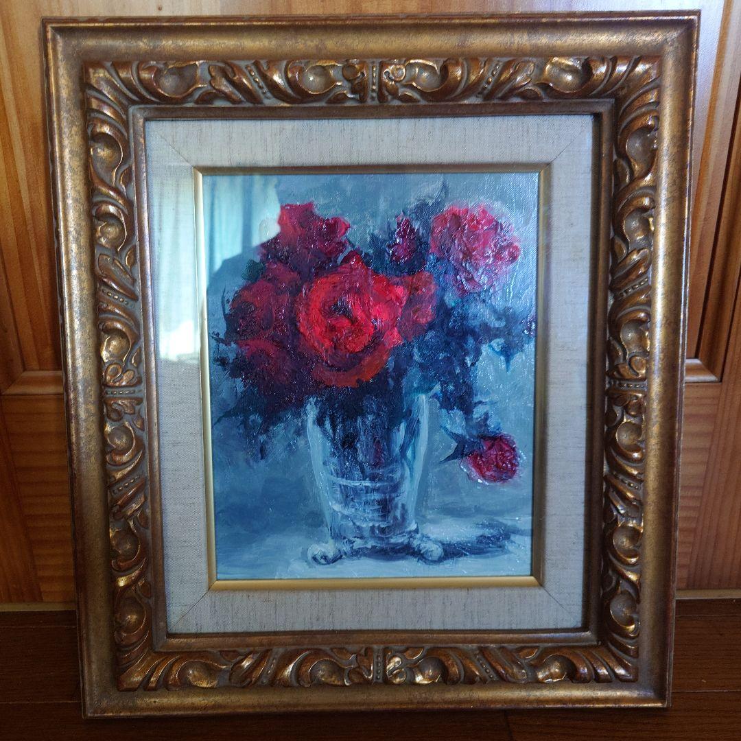 井ケ田昭一　油彩 額縁 花瓶のバラ