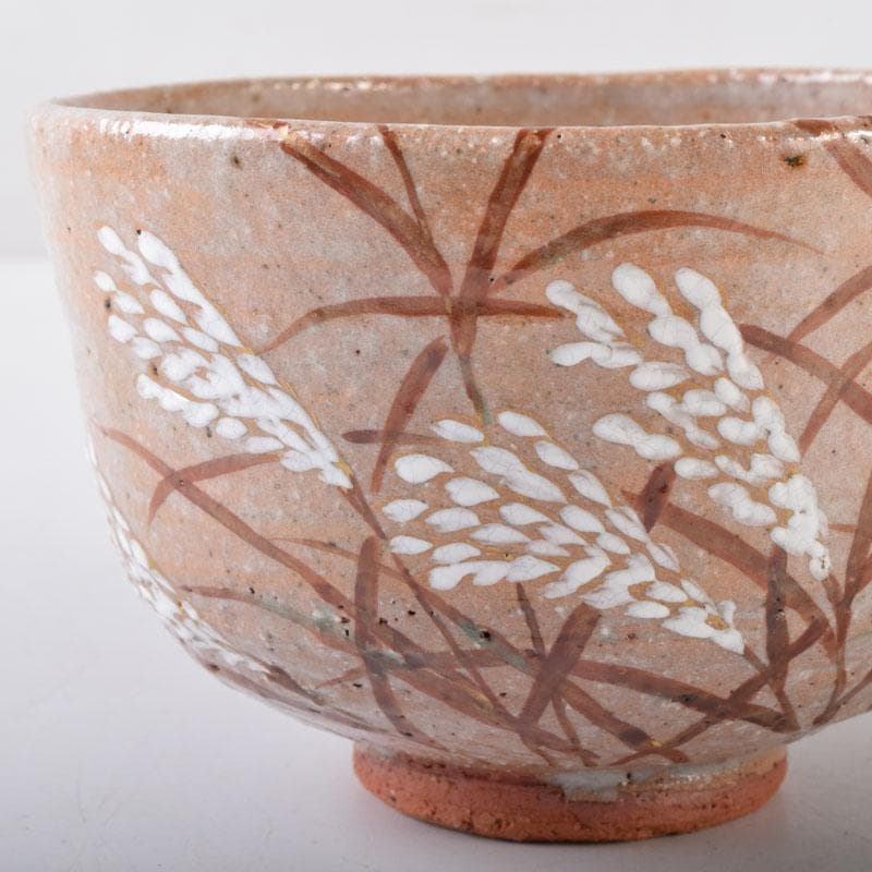 茶道具　京焼　中村良二作　灰釉　芒図　茶碗　共布共箱　C　7446