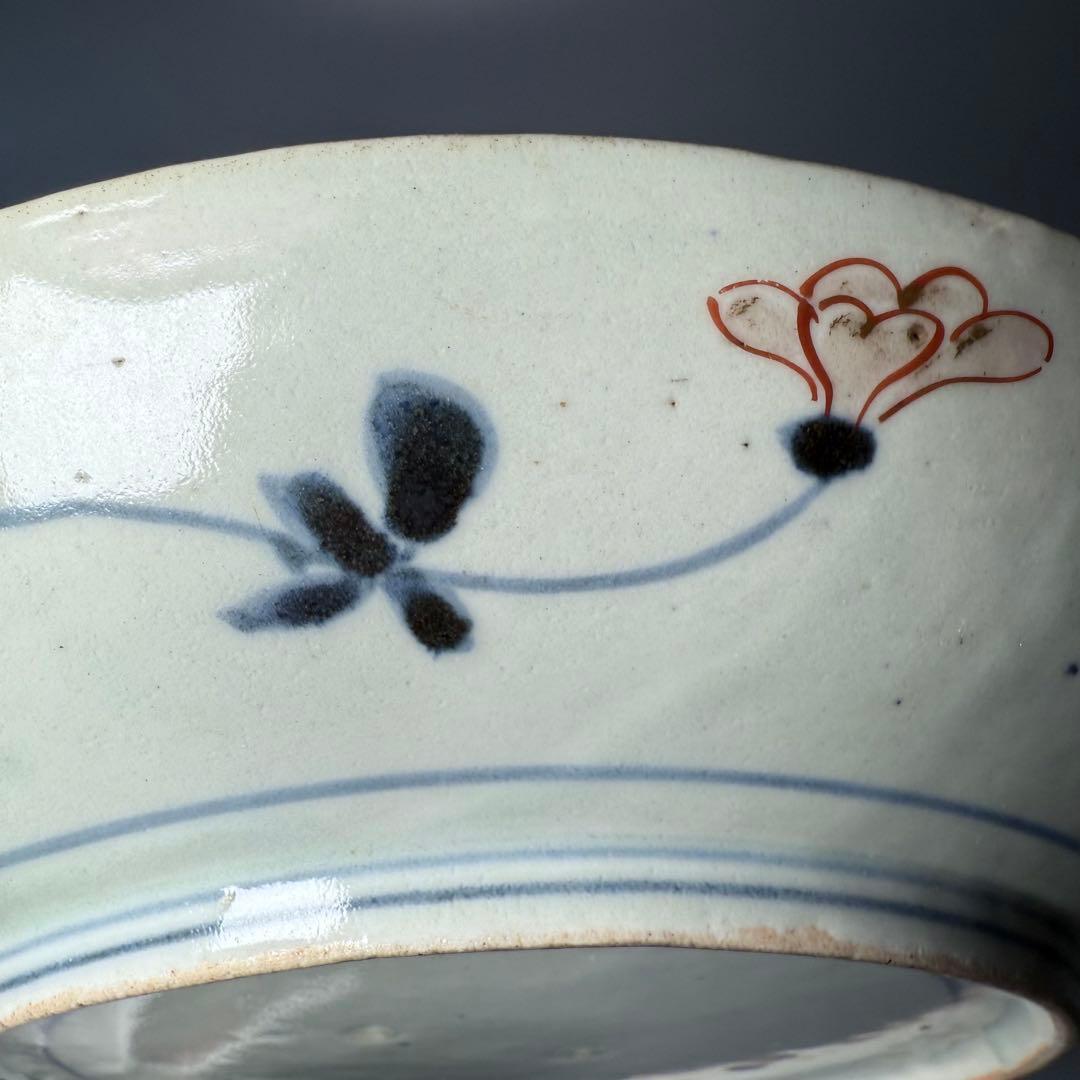 元禄伊万里　色絵花鳥図七寸皿　建築物　金蘭手　赤絵　裏椿文　状態◎　蒐集家旧蔵品