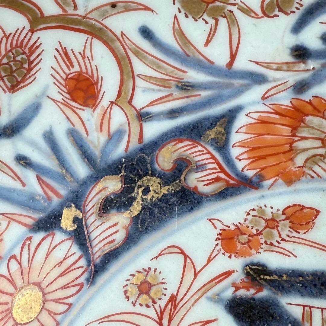 元禄伊万里　色絵花鳥図七寸皿　建築物　金蘭手　赤絵　裏椿文　状態◎　蒐集家旧蔵品