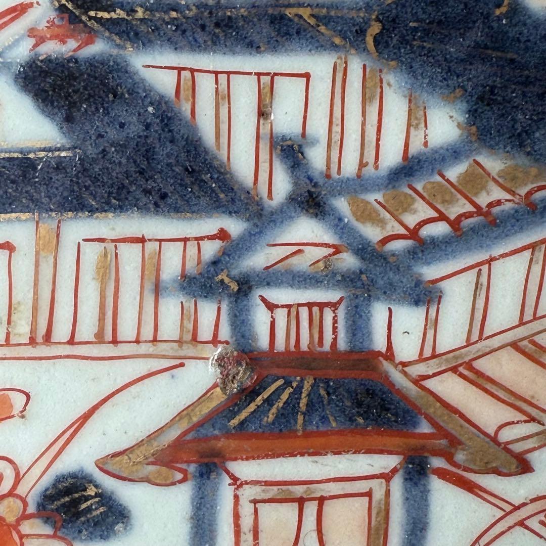 元禄伊万里　色絵花鳥図七寸皿　建築物　金蘭手　赤絵　裏椿文　状態◎　蒐集家旧蔵品