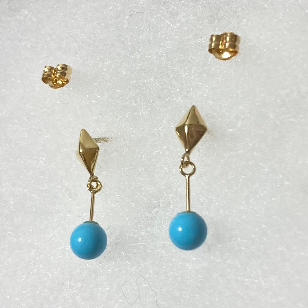 K18 ターコイズピアス 箱付き 18金 トルコ石 地金キャッチ ひし形